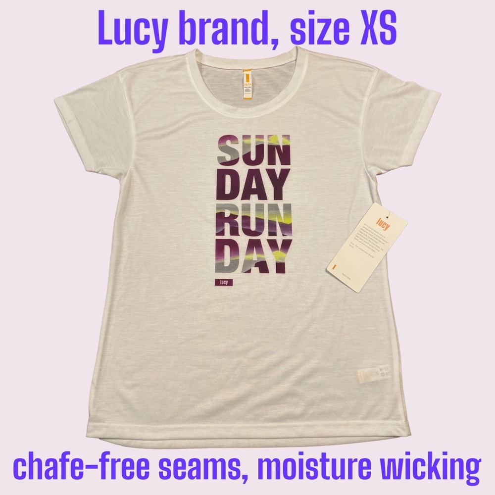 XS Lucy Sun Day Run Day T-shirt wicking, short sleeved, no chafe, white lightwt